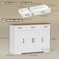 HOMCOM 47" Buffet Cabinet with Soft-Close Hinges, Farmhouse Sideboard with 3 Drawers, Adjustable Shelves and Spice Racks, White(m-3)
