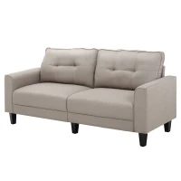 HOMCOM 3-Seater Sofa, Mid-Century Linen Couch with Upholstered Seat, Button-Tufted Back Cushion and Rubber Wood Legs for Living Room, Bedroom, Beige(m-11)