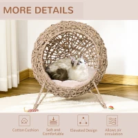 PawHut Rattan Cat House with Cushion, Elevated Wicker Kitten Bed for Indoor Cats, Natural Wood(m-6)