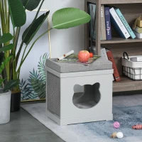PawHut Wooden Cat Bed Cube House with Soft Padded Cushions, 2 Exterior Scratching Boards, & Interior Space, Grey(m-10)