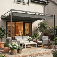 Outsunny 10' x 10' Retractable Pergola Canopy, Wall-Mounted Pergola, Outdoor Sun Shade Shelter for Garden, Balcony, Dark Grey(m-1)