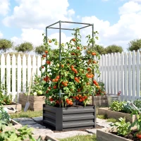 Outsunny Galvanized Planter Box, 24" x 24" x 55" Raised Garden Bed with Tomato Cage for Climbing Vines, Dark Gray(m-9)
