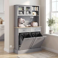 HOMCOM Kitchen Cabinet with Charging Station, 2 Tilt Out Cabinets, Microwave Stand, Freestanding Kitchen Pantry Cabinet, Grey(m-9)