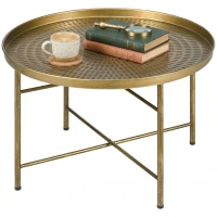 HOMCOM Vintage Coffee Table for Living Room, 24" Round Center Table with Hammered Tray Top and Metal Frame, Gold(m-3)