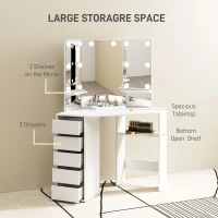 HOMCOM Makeup Vanity Desk with 3-Panel Mirror and 10 LED Lights, Dressing Table with 5 Drawers and Shelves for Bedroom, White(m-6)