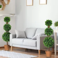 HOMCOM 2 Pack 35.5" Artificial Trees, Boxwood Topiary Ball Trees with Pot for Indoor, Outdoor, Home Office, Living Room, Green(m-1)