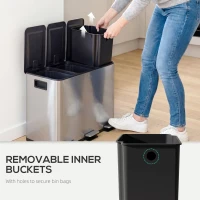 HOMCOM Garbage Bin, Soft-Close Trash Can with Foot Pedal, 3x5 Gallon (3x20 L) Garbage Can with Removable Inner Buckets, Silver(m-7)