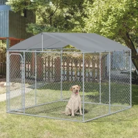 PawHut Outdoor Dog Kennel Galvanized Steel Fence with Cover Secure Lock Mesh Sidewalls for Backyard 9.8' x 9.8' x 7.7'(m-10)