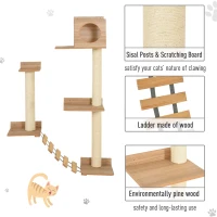 PawHut Wall Mounted Cat Tree with Scratching Post Condo Bridge Cat Climbing Shelves Furniture, Brown(m-6)