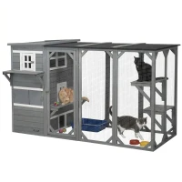 PawHut Wooden Cat Catio, 76"L Walk in Outdoor Cat House with Asphalt Roof, Platforms, Lockable Doors, 3-tier Resting Condo, Observation Window, for 2-3 Cats, Light Grey(m-2)