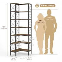 HOMCOM 6-Tier L-Shaped Bookshelf, Freestanding Corner Bookcase with Metal Frame, Rustic Brown(m-3)