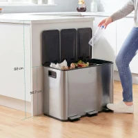 HOMCOM Garbage Bin, Soft-Close Trash Can with Foot Pedal, 3x5 Gallon (3x20 L) Garbage Can with Removable Inner Buckets, Silver(m-1)