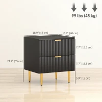 HOMCOM Bedside Table, Modern Nightstand with 2 Drawers, Side End Table with Metal Legs for Living Room, Bedroom, Black(m-3)