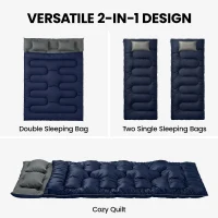 Outsunny Double Sleeping Bag for Adults, Queen Size 2 Person Sleeping Bag with 2 Pillows, for Cold Weather & Warm, Blue(m-4)
