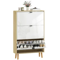 HOMCOM Narrow Shoe Cabinet, High Gloss Shoe Storage Cabinet with 3 Flip Drawers and Adjustable Shelves, Holds 24 Pairs, White(m-9)