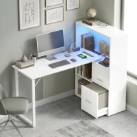HOMCOM 54" Computer Desk with Drawers, Home Office Desk with Storage, Power Outlets and LED Lights, White(m-1)