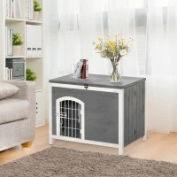 PawHut Foldable Wooden Dog House Raised Puppy Cage Kennel Cat Shelter for Indoor & Outdoor w/ Lockable Door Openable Roof Removable Bottom for Small and Medium Pets Grey(m-10)