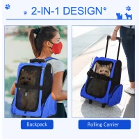 PawHut Rolling Pet Carrier Backpack with Breathable Mesh, Side Pockets, Safety Buckle, for Cats & Small Dogs under 9 lbs, Blue(m-4)