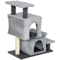 PawHut 4-Step Pet Stairs, Adjustable Height Cat Stairs with Scratching Posts Cat Condo, Hanging Ball for High Bed, Grey(m-2)
