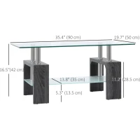 HOMCOM Rectangle Glass Coffee Table, 2-Tier Center Table with Tempered Glass Top and Storage Shelf for Living Room, Grey(m-3)