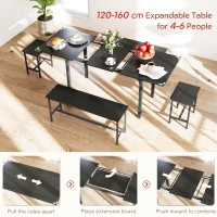 HOMCOM Extendable Dining Table Set, 5-Piece Dining Set for 4-6 with 2 Benches and 2 Stools for Small Spaces, Black(m-4)