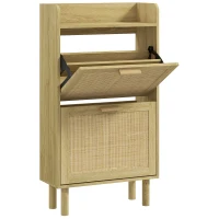 HOMCOM Slim Shoe Storage with 2 Flip Drawers and Adjustable Shelves, Rattan Shoe Cabinet Organizer for 12 Pair, Oak(m-2)