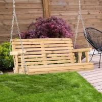 Outsunny 2 Seater Porch Swing Wooden Patio Swing Chair Seat with Cup Holder and Chains Outdoor Swing Bench for Garden Yard, Natural(m-8)