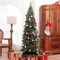 HOMCOM 6ft Artificial Pencil Christmas Tree with 618 Branches, Pinecones, Metal Stand, Realistic Xmas Tree for Home(m-8)