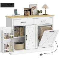 HOMCOM 7 Gallon Tilt Out Garbage Cabinet, Kitchen Island with Charging Station, 2 Drawers, 4 Door Racks, White(m-12)