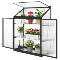 Outsunny Quick Assembly Polycarbonate Greenhouse with 2-Tier Shelves Gardening Green House for Patio Garden, Black(m-2)