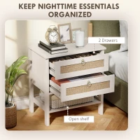 HOMCOM Set of 2 Boho Bedside Tables, Rattan Nightstands with 2 Drawers, Storage Shelf, End Side Tables for Bedroom, White Oak(m-5)