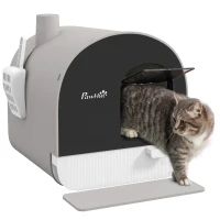 PawHut Cat Litter Box with Lid, Removable Tray, Scoop, Filter, Light Grey(m-13)