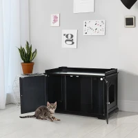PawHut 37.5" Wooden Covered Mess Free Cat Litter Box End Table Hideaway Cabinet with Storage for Accessories, Black(m-10)