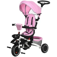 Aosom Tricycle for Toddler 6-in-1 Kids Trike, Foldable Converts Stroller to Baby Push Bike, Adjustable Backrest with Detachable Guardrail & Handle, Brake for 1-4 Years Old, Pink(m-11)
