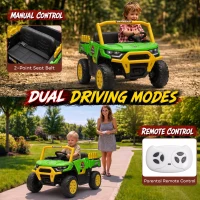 Qaba Kids Ride On Tractor, 12V Electric Tractor with Remote Control, Dual Motors, Music, Cargo Bed, Rear Suspension, Green(m-5)