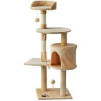 PawHut 45" Plush Sturdy Interactive Cat Condo Tower Scratching Post Activity Tree House - Beige/ White(m-1)
