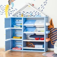Qaba Kids Toy Organizer and Storage Book Shelf with shelves, storage cabinets, storage boxes, and storage baskets, Blue(m-1)