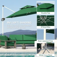 Outsunny 10 FT Cantilever Patio Umbrella with 360° Rotation & Adjustable Height, Cross Base, Crank and Tilt, Dark Green(m-6)