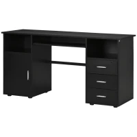 HOMCOM 57" Computer Desk with Drawers, Home Office Desk with Keyboard Tray, Open Shelves and Lockable Drawer, Writing Workstation for Study, Black(m-11)