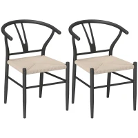 HOMCOM Set of 2 Weave Dining Chairs, Mid-Century Modern Dining Room Chairs with Y-Shaped Backrest and Hemp Seat, Black(m-9)