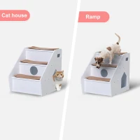 PawHut 3-Step Pet Stairs for Dogs and Cats with Built-in House and Nonslip Carpet, White(m-6)