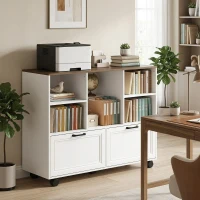 HOMCOM Lateral Mobile Filing Cabinet, 2 Drawer File Cabinet with Wheels, Adjustable Hanging Bars, Walnut and White(m-8)