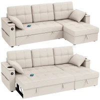 HOMCOM Convertible Sectional Sofa Bed, Pull Out Sleeper Sofa Couch with USB‑A+C, Chaise Storage, L-Shaped Futon Couch, Beige(m-9)