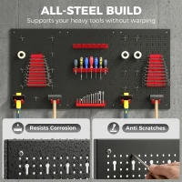 HOMCOM 28 Piece Metal Peg Board with Accessories, Shelf Tool Organizer, Black and Red(m-4)