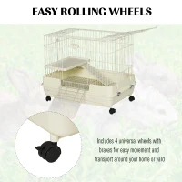PawHut 2-Level Small Animal Cage Rabbit Hutch with Wheels, Removable Tray, Platform and Ramp for Bunny, Chinchillas, Ferret, White(m-6)