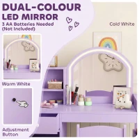 Qaba Kids Vanity Set, Toddler Dressing Table and Chair Set  with Lighted Mirror, Cabinet, Drawer and Shelves, Purple(m-5)