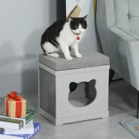 PawHut Wooden Cat Bed Cube House with Soft Padded Cushions, 2 Exterior Scratching Boards, & Interior Space, Grey(m-8)