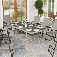 Outsunny 75" Outdoor Dining Table for 6-8, Wicker Patio Table with Storage Shelf and WPC Slatted Top for Balcony, Grey(m-1)