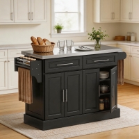 HOMCOM Rolling Kitchen Island with Storage and Stainless Steel Top, Kitchen Trolley with Drawers, Cabinets, Towel Rack