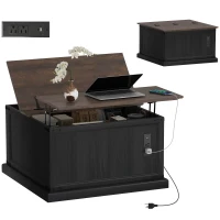 HOMCOM Lift Top Coffee Table with Charging Station, Square Farmhouse Center Table with Hidden Storage, Black Wood Grain(m-9)